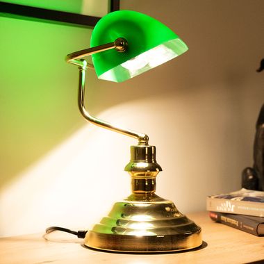 Lampa stołowa Banker, mosiądz, zielony H 36 cm