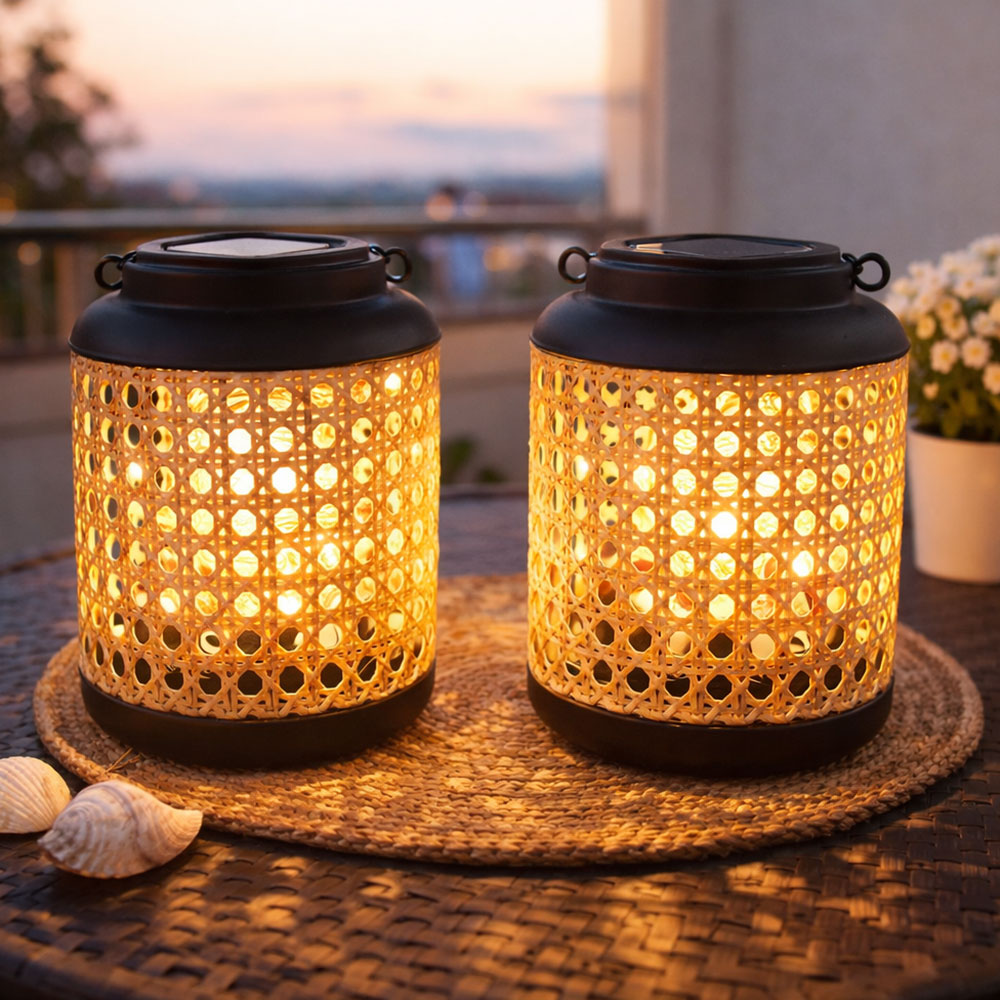 2x LED Solarleuchte, Bambusoptik, hängend, schwarz, H 30 cm