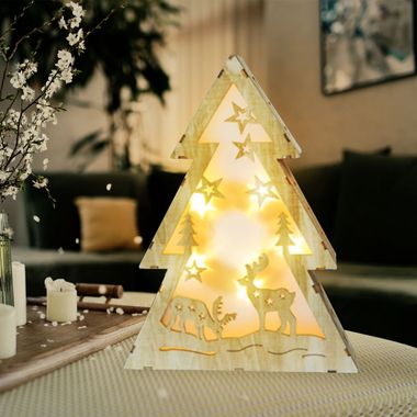 LED table lamp, decorative fir, wood, reindeer, natural