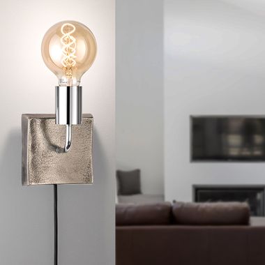 Wandlamp, antiek nikkel, chroom, snoerschakelaar, L 12 cm
