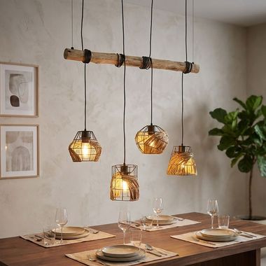 Suspension JAVA, 4 ampoules, hauteur réglable, beige, métal, fil métallique