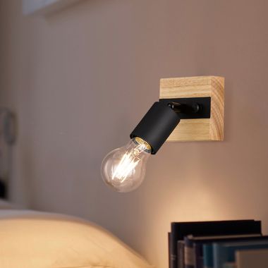 Wandlamp, hout metaal zwart, draaibaar, H 12 cm