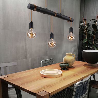 Lampe à suspension, métal bois, noir, hauteur réglable, L 60 cm