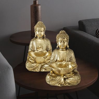 2er Set Buddha Dekofigur, Kunstharz gold, H 30 cm, JARVEN