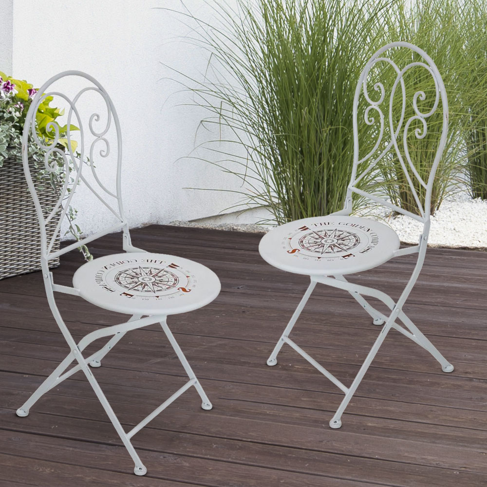 Bistrotisch, 2 Stühle, Kompass-Design, weiß