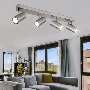 Lampada da soffitto, 4 fiamme, nichel, faretti mobili, L 56 cm