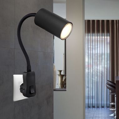 Wandleuchte, schwarz, flexibel verstellbar, Stromkabel, H 43 cm