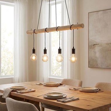 Lampa wisząca LED, 4 płomienie, drewno, naturalny, wys. 120 cm