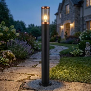 Lampa podłogowa, stal nierdzewna, czarny, dym, miedź, wys. 80 cm
