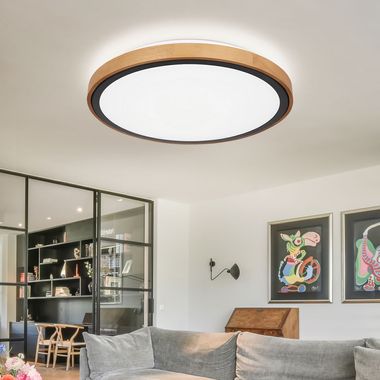 Plafonnier LED, bois, noir, opale, CCT, D 43,7 cm