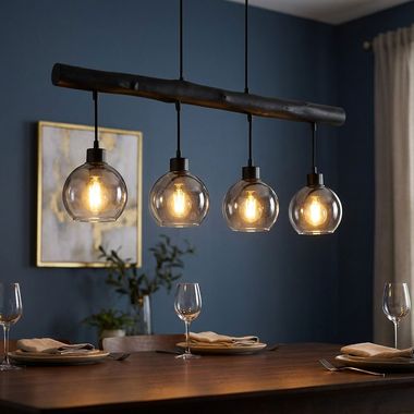 Suspension lamp, smoked glass, black, height adjustable, L 85 cm