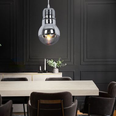 Lampada a sospensione, design lampadina, vetro, cromo, D 15 cm