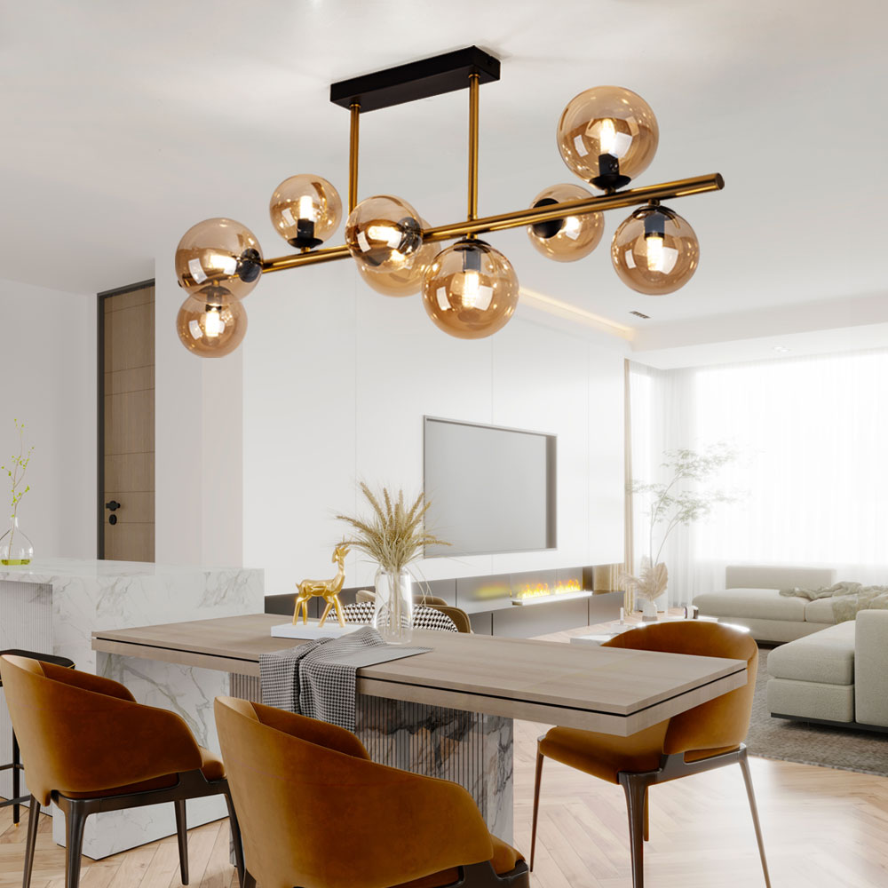 LED Deckenleuchte, Kugeln, Glas amber, messing, L 87 cm