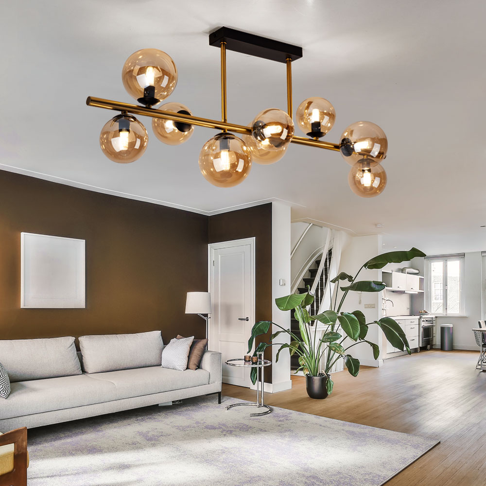 LED Deckenleuchte, Kugeln, Glas amber, messing, L 87 cm