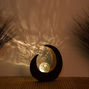Lampe d'extérieur LED solaire, boule de verre croissant de lune, noir