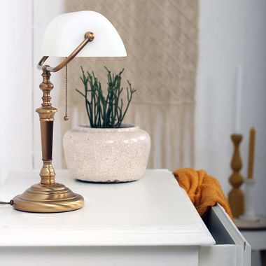 Lampe à poser, lampe de banquier bronze, verre blanc, H 39 cm
