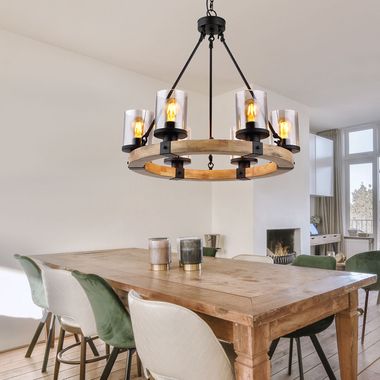Hängeleuchte, schwarz, Glas, Holz, 6-Flammig