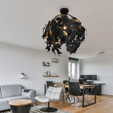 Plafonnier, design feuille, métal, noir, or, H 58 cm