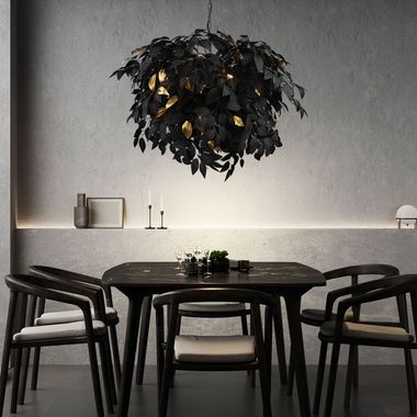 Suspension, 4 flammes, feuilles, or noir, D 70 cm