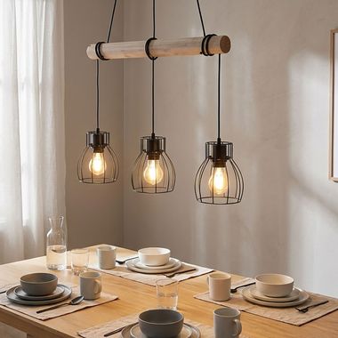 Pendant light, height-adjustable, wooden beam, grid, L 50 cm