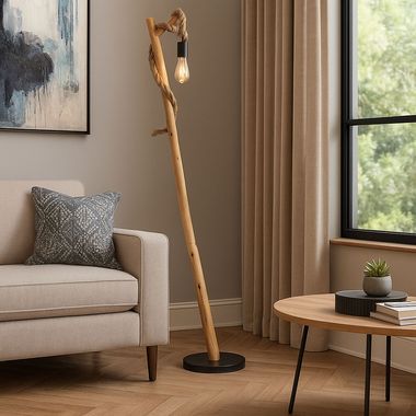 Lampe d'appoint, bois, brun, noir, corde de chanvre, H 150 cm