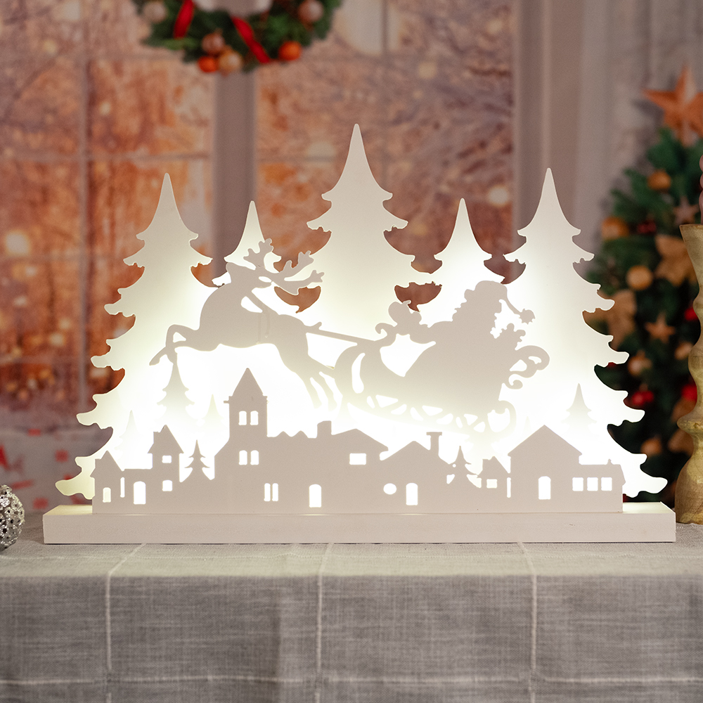 LED Deko Tischleuchte, Weihnachtsdorf, Holz, weiß, L 60 cm