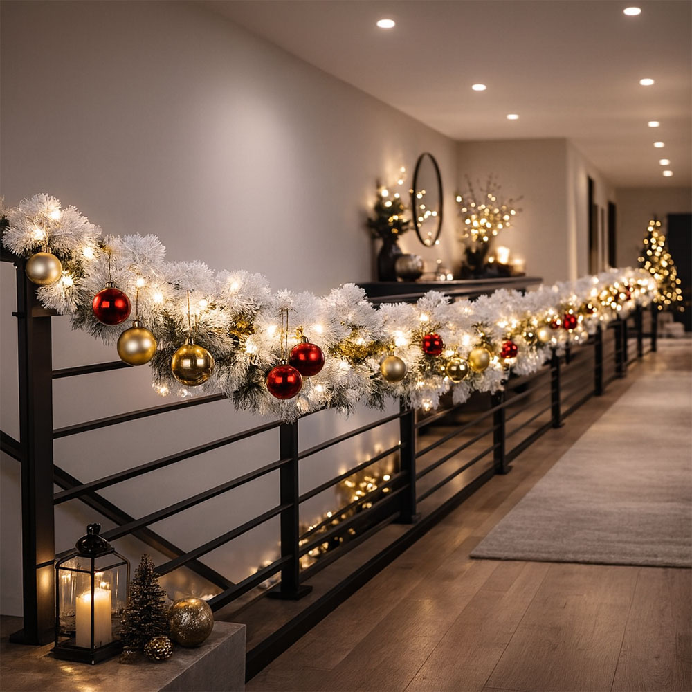 LED Tannengirlande, weiß, Christbaumkugeln rot gold, L 500cm