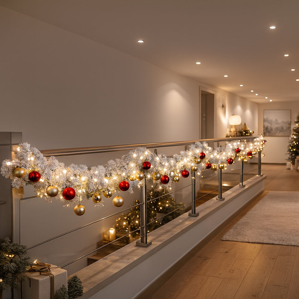 LED Tannengirlande, weiß, Christbaumkugeln rot gold, L 500cm