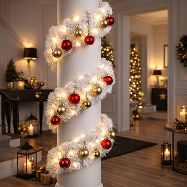 Guirlande sapin LED, blanc, boules de sapin or rouge, L 500cm