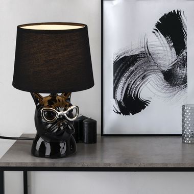 Lampada da tavolo, aspetto cane, ceramica, tessuto nero, H 29 cm