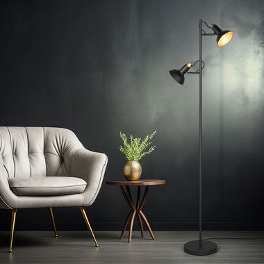 Staande lamp, zwart, goud, beweegbare spot, H 155 cm