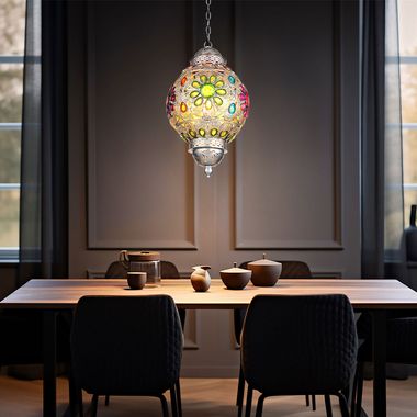 Zilveren hanglamp, gekleurde kristallen, H 120 cm