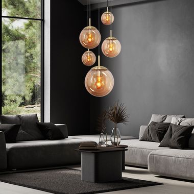 Lampa wisząca, 5-płomienna, szklane klosze, bursztyn, mosiądz, wys. 375 cm