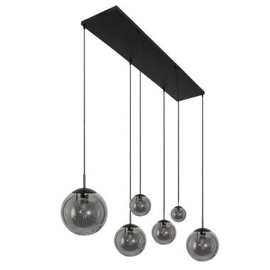 Hanglamp, metaal, zwart, rookglas, 6-vlam
