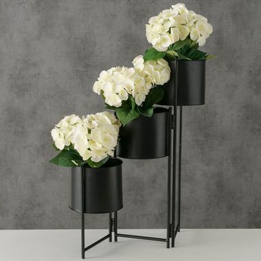 Cache-pot, 3 bacs, fer noir, rond, H 64 cm