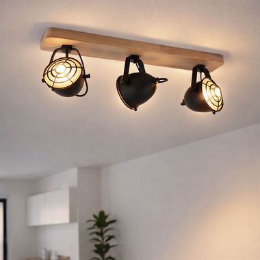 Ceiling lamp, metal wood, black, adjustable spots, L 59 cm