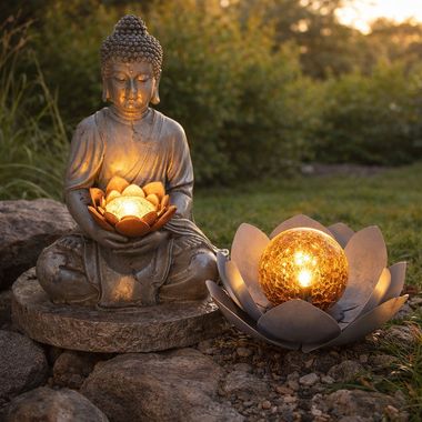 Lot de 2 lampes solaires LED, 1x fleur de lotus, 1x bouddha