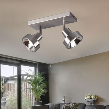 Plafonnier, métal argenté, 2 flammes, spot orientable