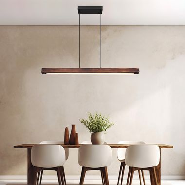 LED Pendelleuchte, Metall, Schwarz-matt, Holz-Dunkelbraun, L 90 cm