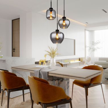 Pendant lamp, black, smoked glass, 3 bulbs, H 120 cm