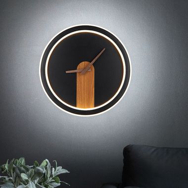 Horloge murale LED, aspect bois, noir, rétroéclairage, D 31 cm