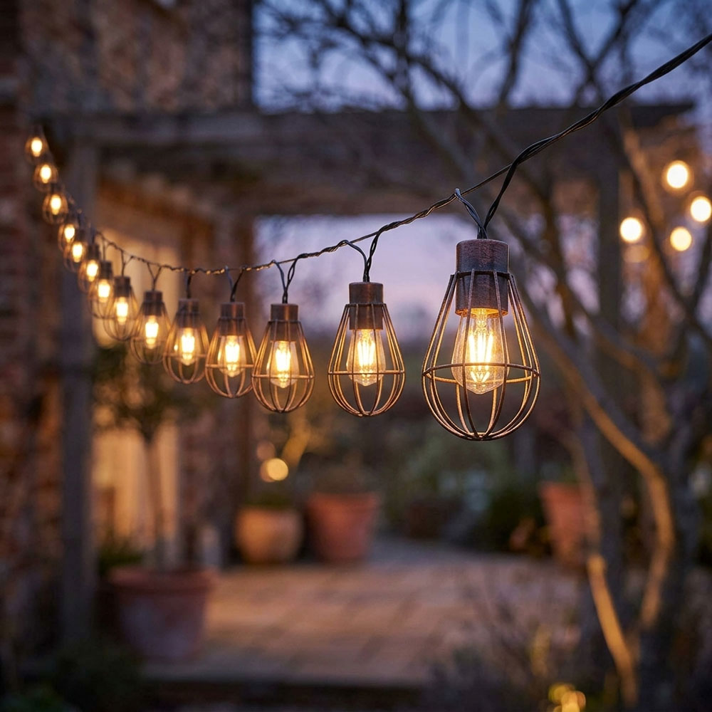 LED Solar-Lichterkette, 20x Retro Gitter-Laterne, 200 cm