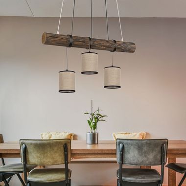 Pendant lamp, wooden fabric shade, beige black, height adjustable