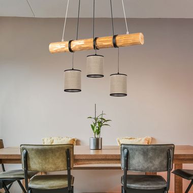 Hanging lamp, wooden beam fabric, beige, adjustable height, 3xE27