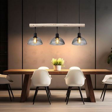 Hanglamp, zwart, rookglas, 3-lichts, L 80 cm