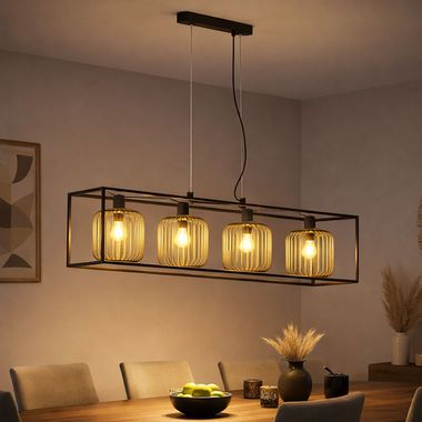 Pendelleuchte, schwarz, Metallschirme gold, H 160 cm