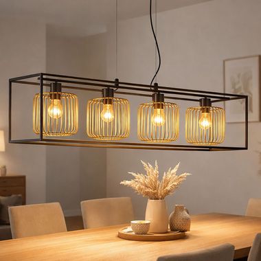 Pendelleuchte, schwarz, Metallschirme gold, H 160 cm