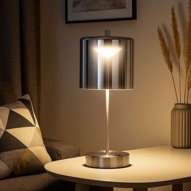 LED Tischleuchte, Metall, Glas Akku, Dimmbar, H 34,5 cm