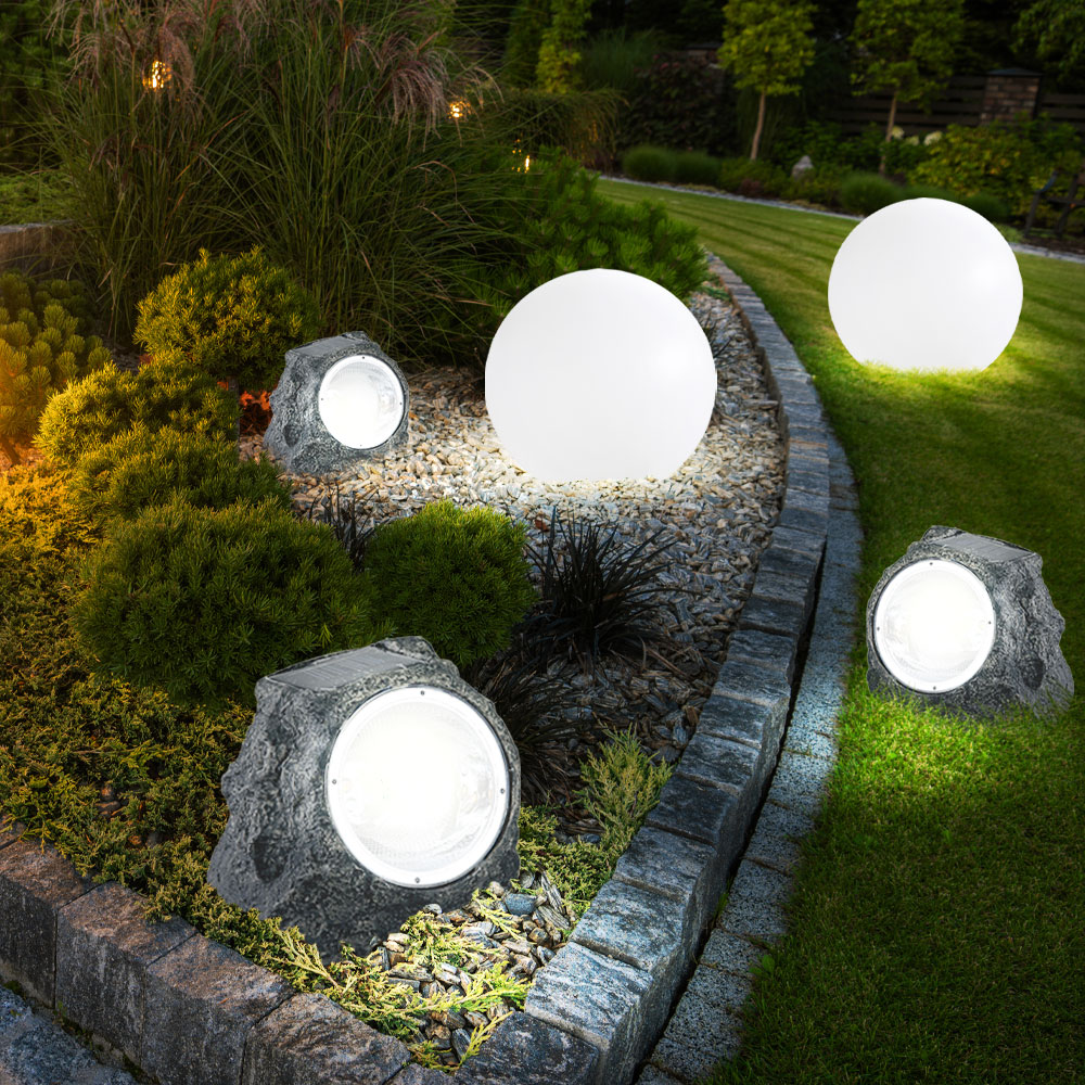 5er Set LED Solarleuchte, Stein, Kugel, weiß, grau