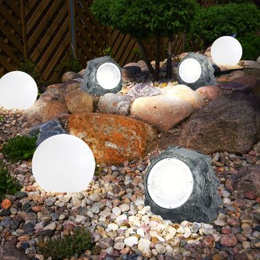 Set van 6 LED solarlampen, steen, bol, wit, grijs